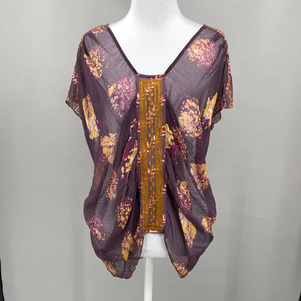 Burning Torch Silk Embroidered Sheer Blouse Womens Size P XS Purple Boho Chiffon